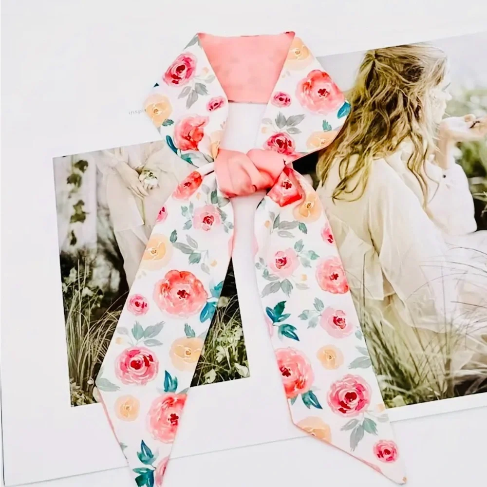 Floral Pink Rose Print Ribbon Hair Scarf – Feminine Accessory for Women